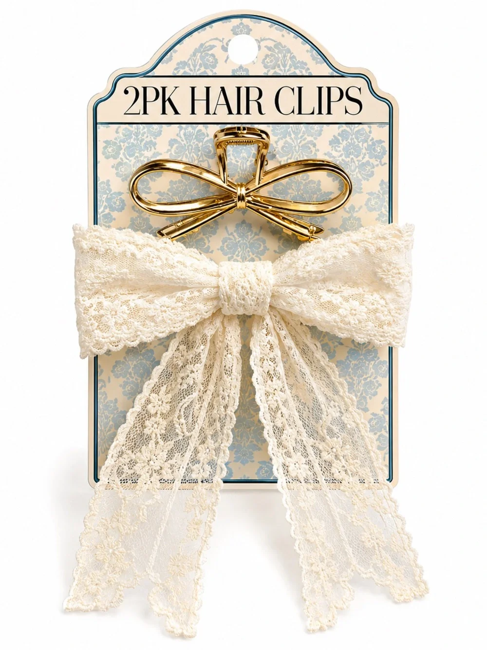 Delicate Lace Bow Hair Clips - Gold & Cream (2 Pack)